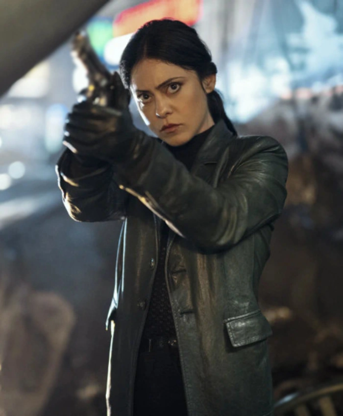 Rosa Salazar Movie Play Dirty 2025 Zen Black Leather Coat