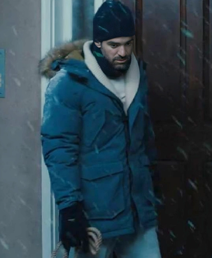 Russ Owens Film Merv 2025 Charlie Cox Blue Fur Hooded Coat