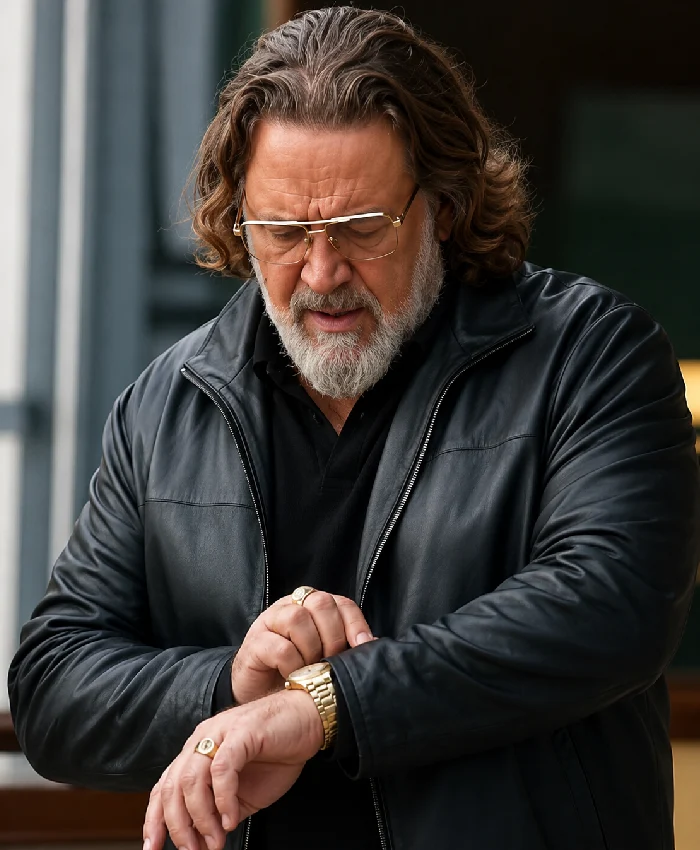 Russell Crowe The Get Out 2026 Black Leather Jacket