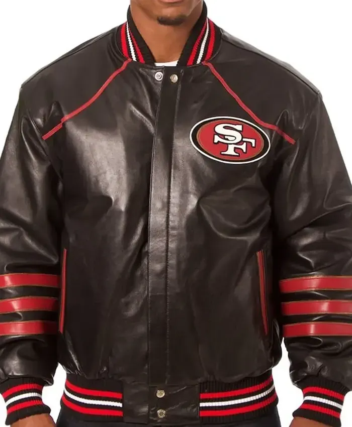 SF 49ers Black Leather Bomber Jacket