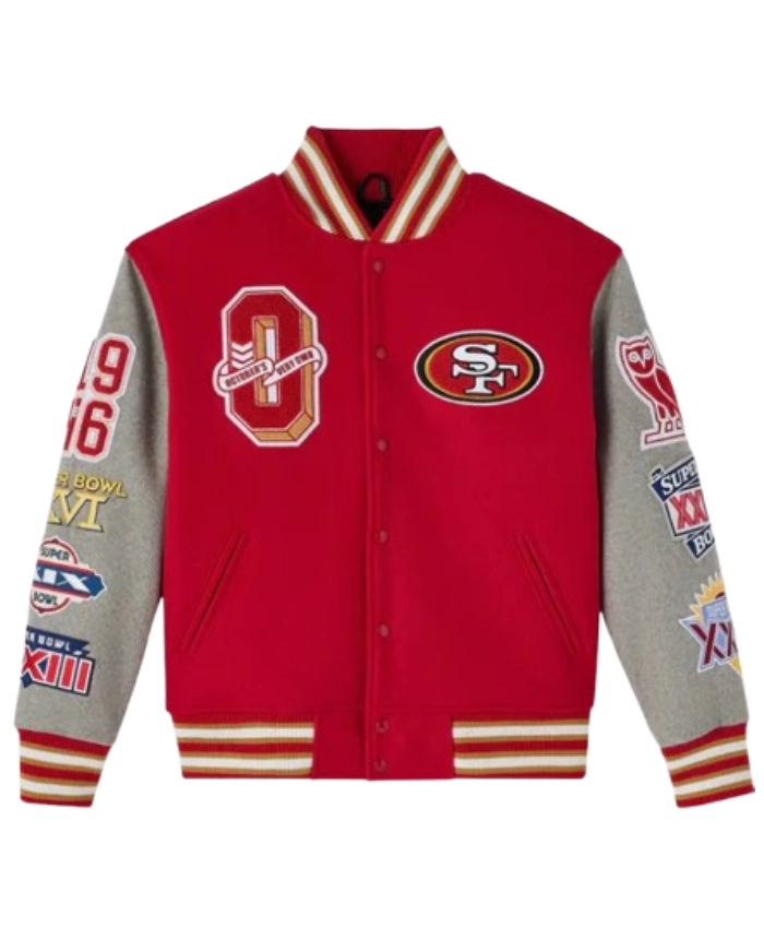 San Francisco 49ers X OVO Red And Grey Wool Varsity Jacket