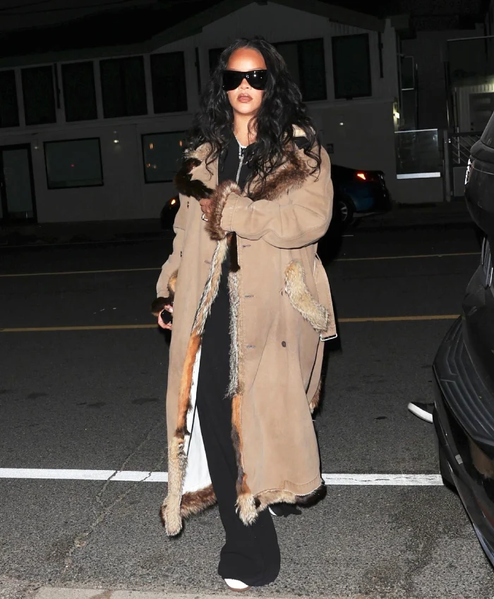 Rihanna Santa Monica Fur Trim Coat