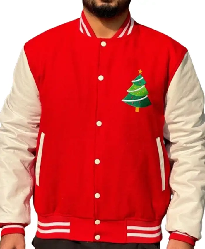Santa Red And White Merry Christmas And Tree Embroidered Varsity Jacket