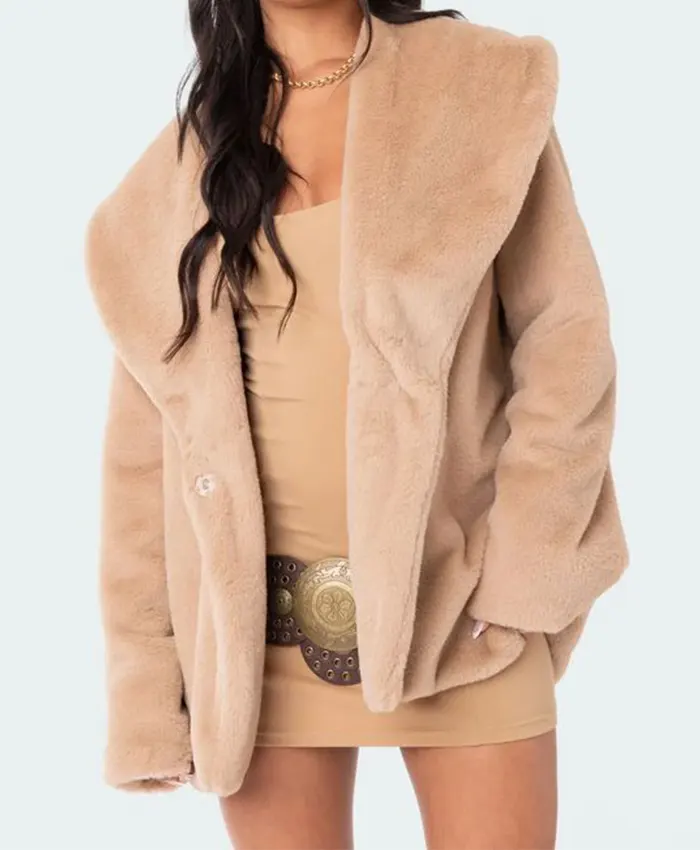 Sarah E Edikted Women Beige Button Fur Jacket