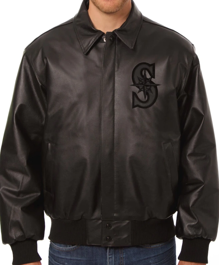 Seattle Mariners Button Up Black Leather Jacket