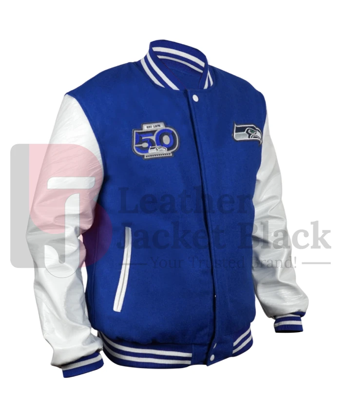 Seattle Seahawks 50th Season Leather Sleeves Blue Varsity Jacket