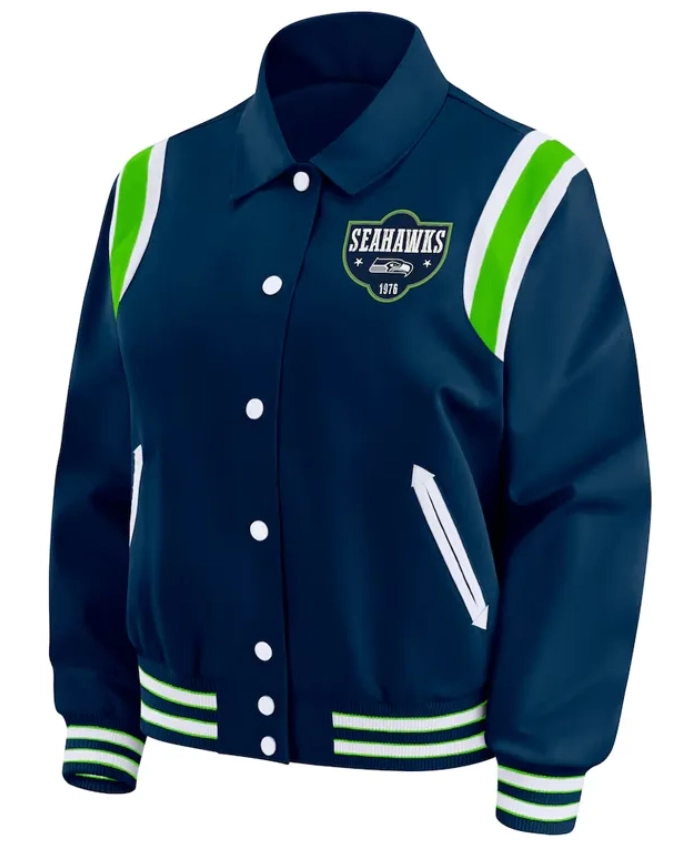 Seattle Seahawks Lightweight Navy Full Snap Satin Varsity Jacket