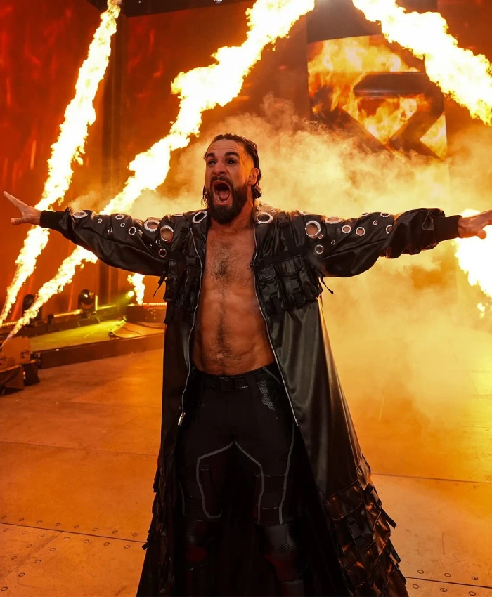 Alternative view of Seth Rollins WrestleMania 42 Burning Leather Coat