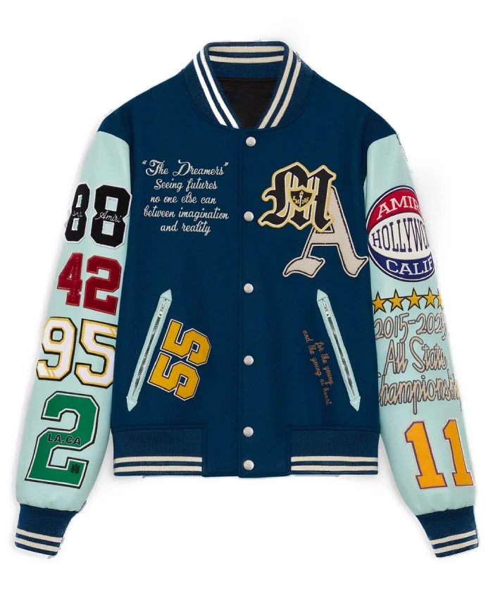Shop Amiri Patch Blue Wool And Leather Varsity Jacket