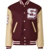 Shop Burgundy Wool And Leather Varsity Letterman Jacket For Unisex