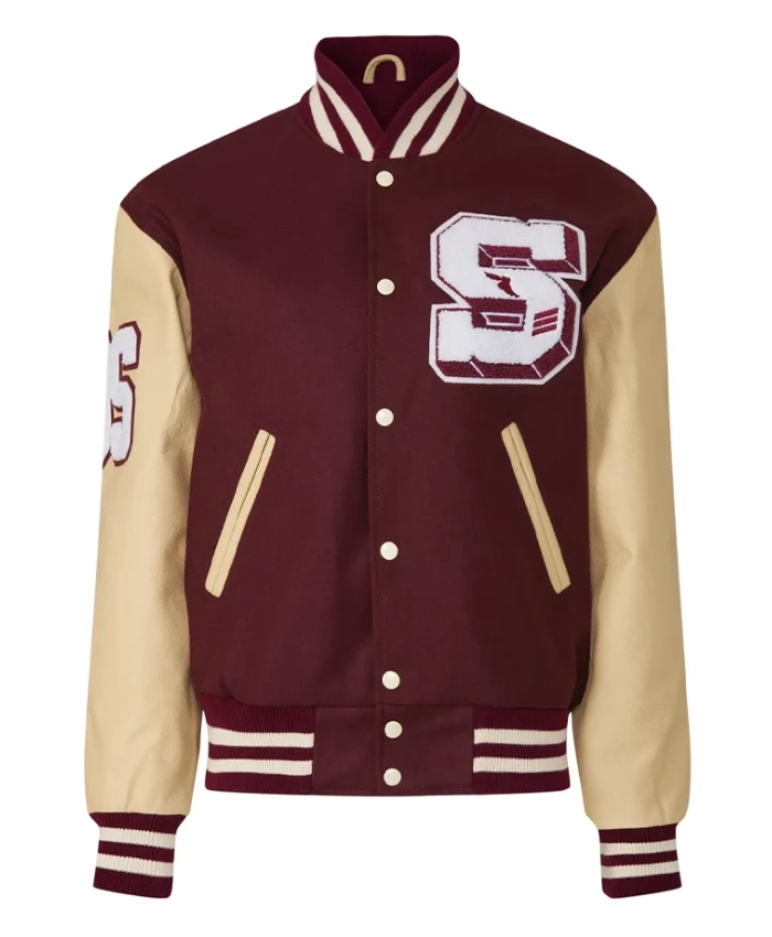 Shop Burgundy Wool And Leather Varsity Letterman Jacket For Unisex