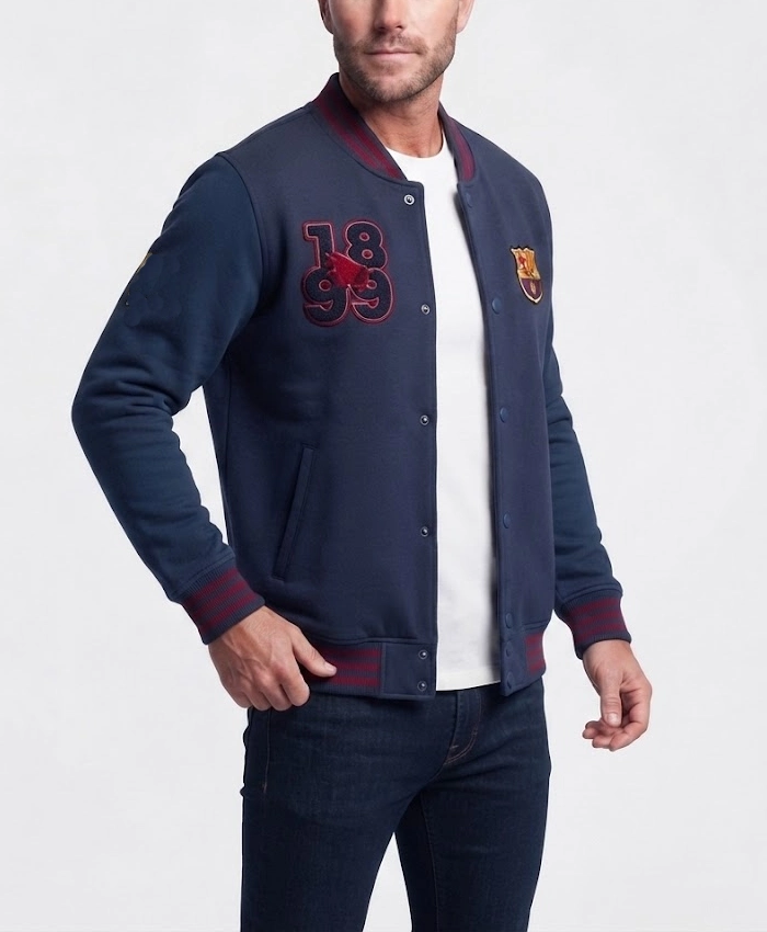 Shop FC Barcelona Full Snap Blue Bomber Jacket