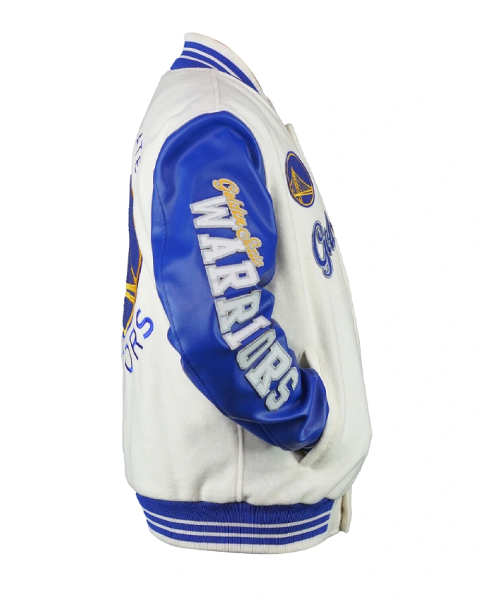 Golden State Warriors Cream and Blue Bomber Jacket - Image 2