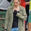 Shop Lily James Film Swiped 2025 Whitney Wolfe Herd Cotton Army Green Jacket