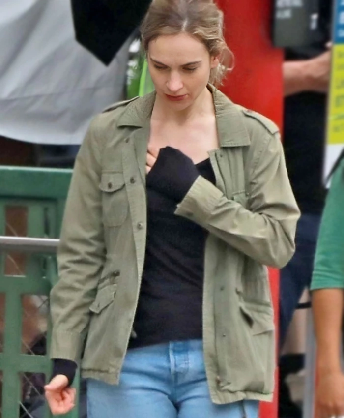 Shop Lily James Film Swiped 2025 Whitney Wolfe Herd Cotton Army Green Jacket