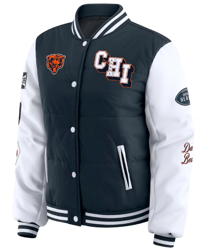 Shop Navy Chicago Bears Varsity Full Snap Puffer Jacket For Unisex