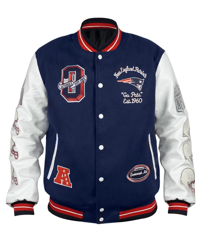 Shop New England Patriots Blue And White Varsity Jacket