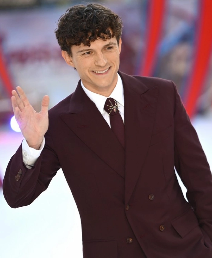 Shop Tom Holland UK Premiere Double Breasted Burgundy Suit