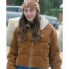 Sienna Movie A Merry Little Ex Mas 2025 Emily Hall Brown Corduroy Fur Trim Puffer Jacket