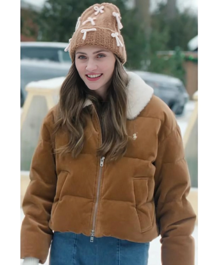 Sienna Movie A Merry Little Ex Mas 2025 Emily Hall Brown Corduroy Fur Trim Puffer Jacket