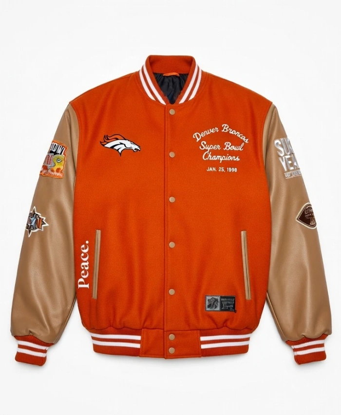 Sixty Years Of Super Bowl 2026 Denver Broncos Super Bowl XXXII Champions Orange Wool Varsity Jacket