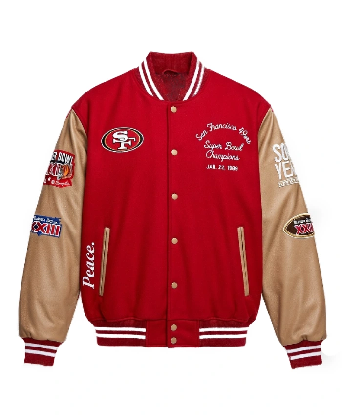 Sixty Years Of Super Bowl 2026 Super Bowl XXIII 49ers Vs. Bengals Champions Unisex Red Bomber Varsity Jacket