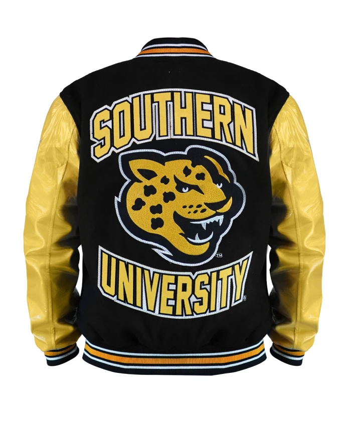 Southern University Black And Full Snap Gold Varsity WoolLeather Jacket