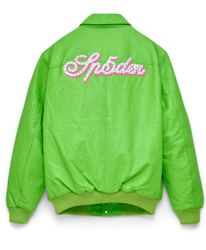 Sp5der Debossed Web Full Snap Green Leather Jacket