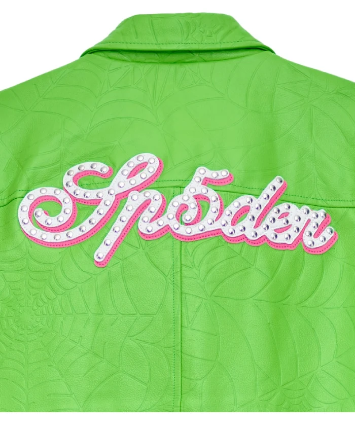 Sp5der Debossed Web Full Snap Leather Jacket