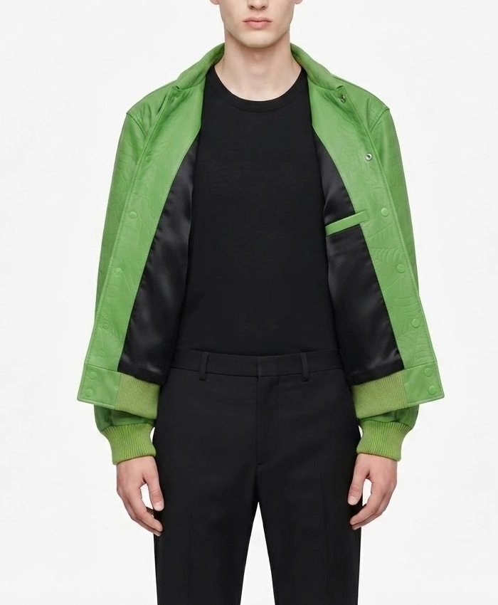 Sp5der Debossed Web Green Leather Jacket