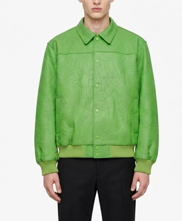 Sp5der Debossed Web Leather Jacket