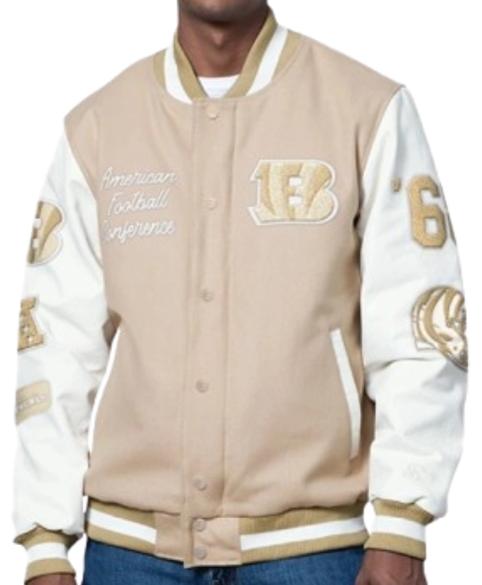 Starter Cincinnati Bengals Beige And White Wool Varsity Jacket