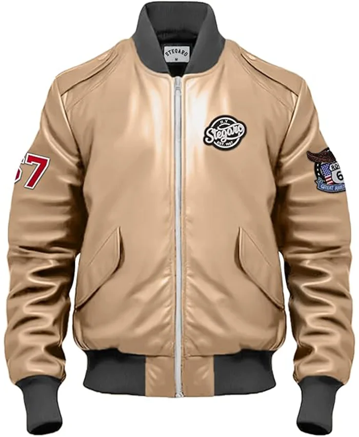 Stegaro Beige Bomber Leather Jacket