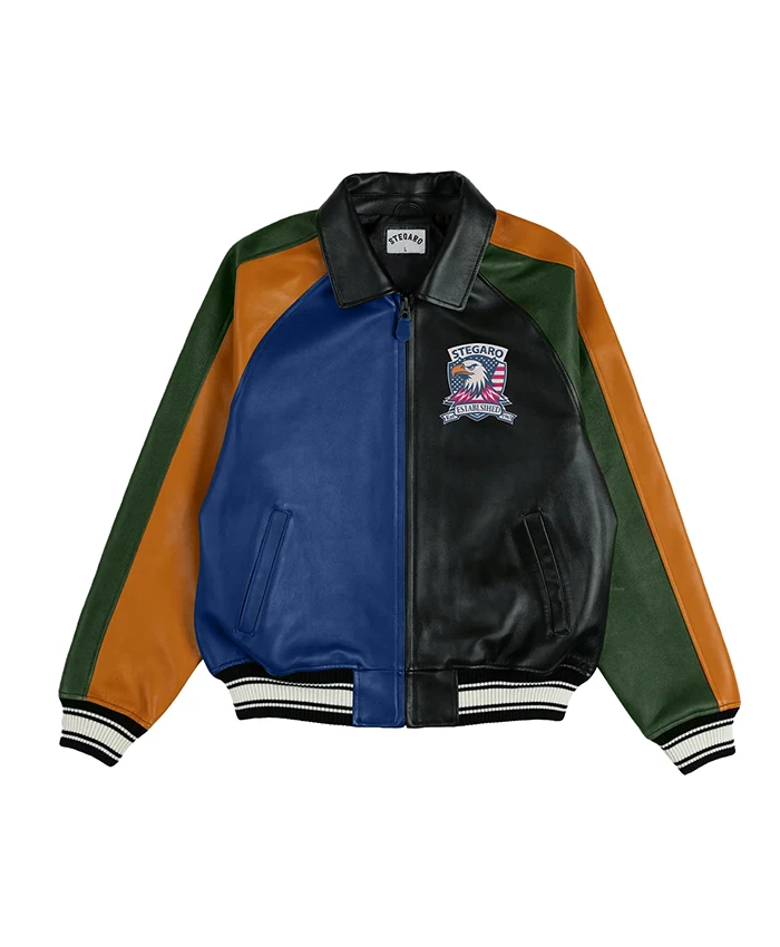 Stegaro Colorblock Bomber Leather Jacket
