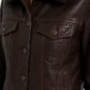 Women's Black Leather Trucker Shearling Collar Jacket