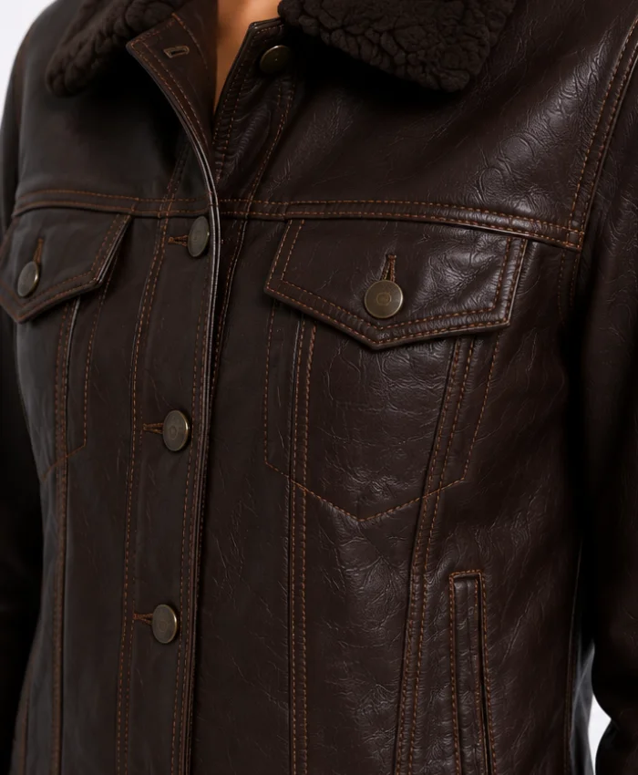 Women's Black Leather Trucker Shearling Collar Jacket