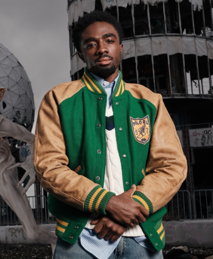 Stranger Things Press Tour Caleb McLaughlin Green And Beige Varsity Jacket