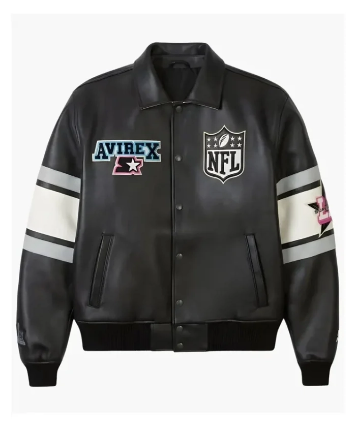 Super Bowl LX 2026 Avirex X Starter Black Leather Bomber Jacket