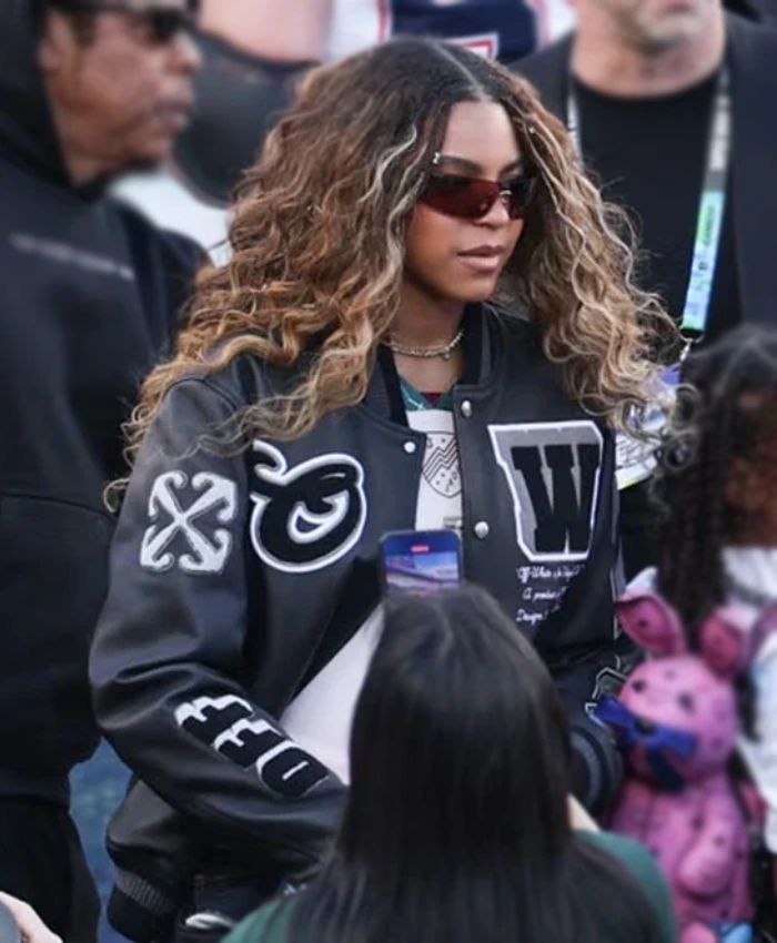 Super Bowl LX Blue Ivy Carter Off White Black Leather Bomber Jacket