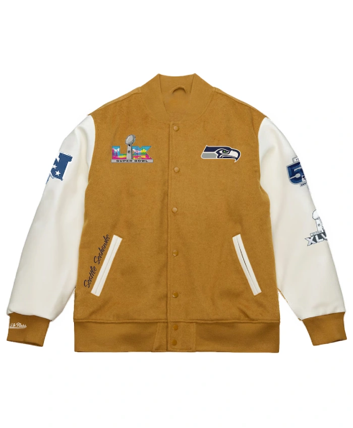 Super Bowl LX Champions 2026 Seattle Seahawks Tan And Cream Dusted Varsity Jacket