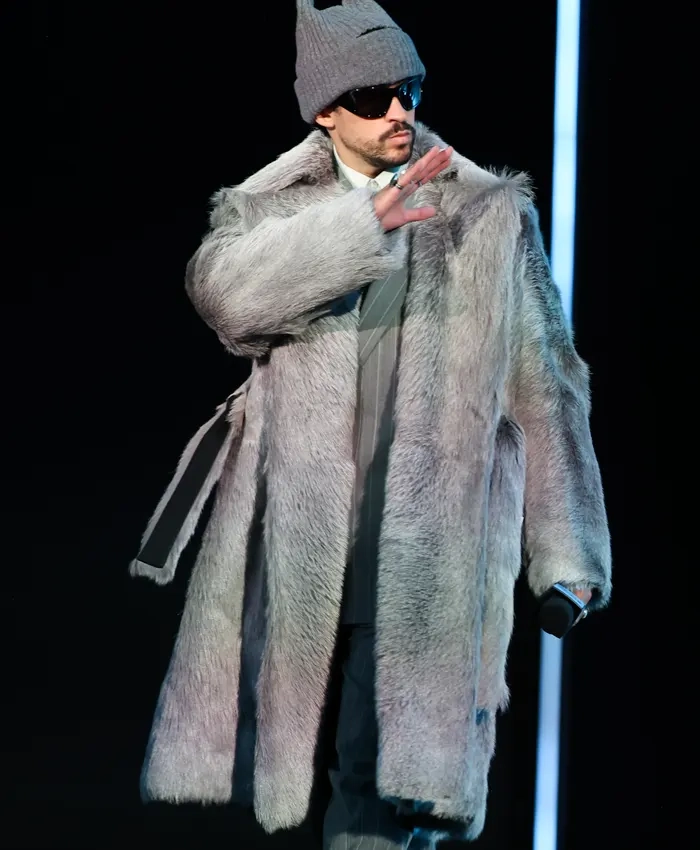 Super Bowl LX Halftime Show Press Conference 2026 Bad Bunny Grey Shearling Coat