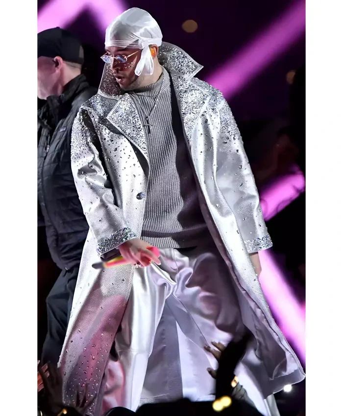 Superbowl 2026 Bad Bunny Silver Leather Embellished Coat For Sale