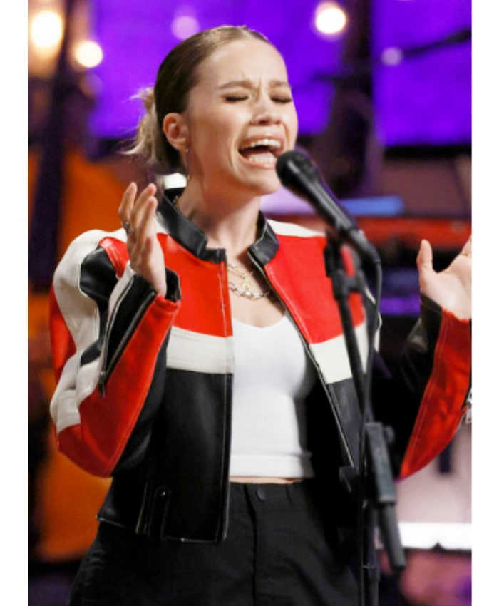 Syd Millevoi The Voice S29 Black Red Cropped Leather Biker Jacket