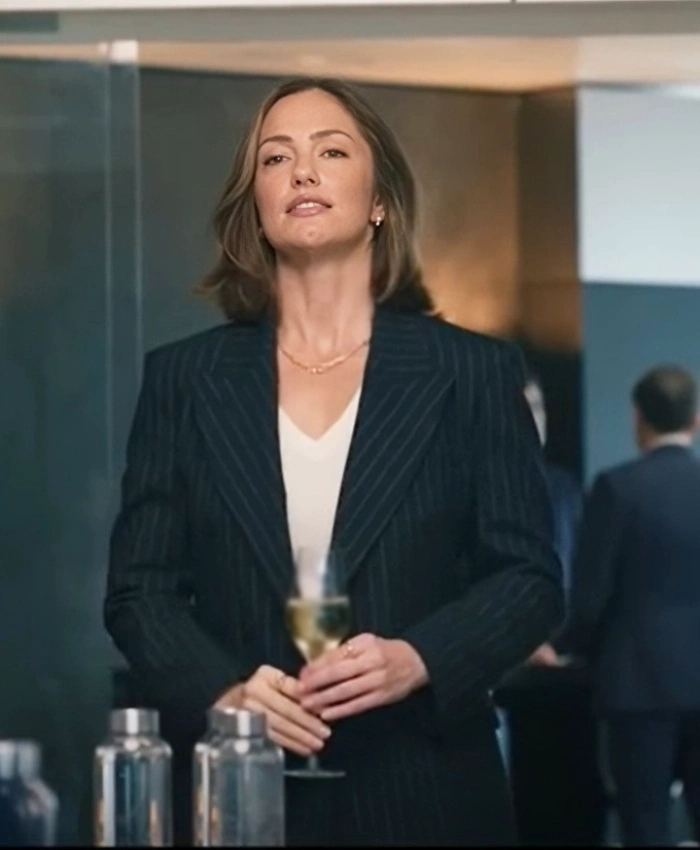 Sydney Price Champagne Problems 2025 Minka Kelly Pinstripe Black Blazer