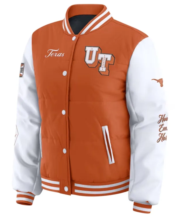Texas Longhorns Burnt Orange And White Full Snap Varsity Puffer Jacket