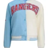 Texas Rangers Zone Blitz Blue And Eggshell Full Snap Varsity Satin Jacket