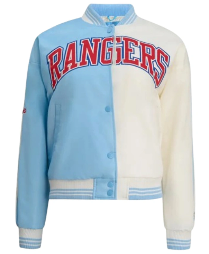 Texas Rangers Zone Blitz Blue And Eggshell Full Snap Varsity Satin Jacket