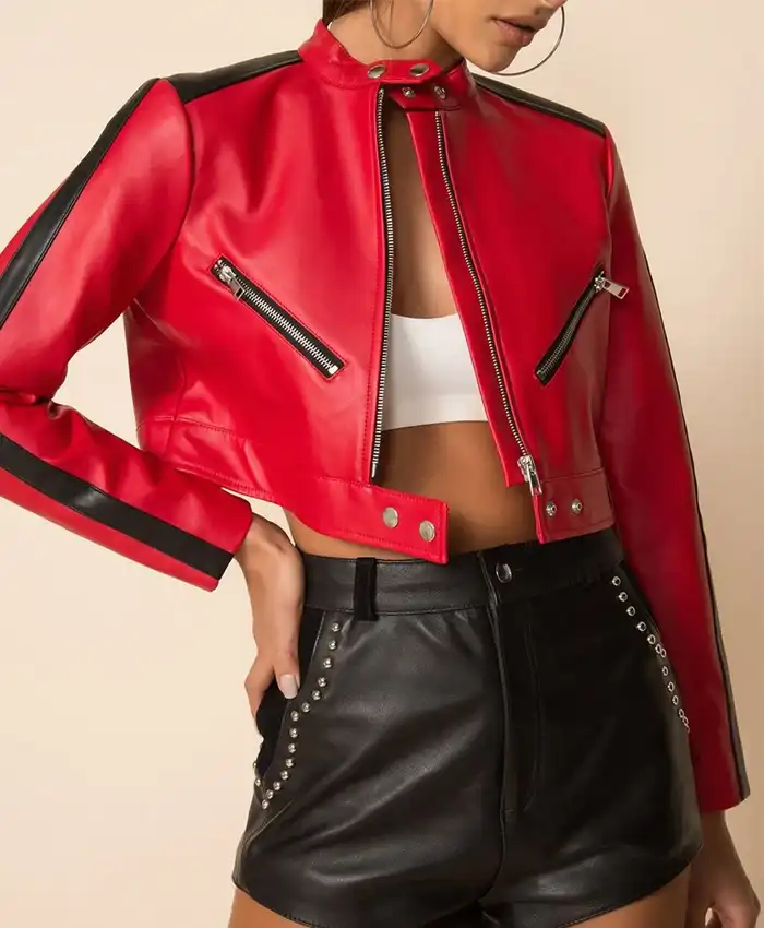Thandi Cropped Racer Red Leather Jacket
