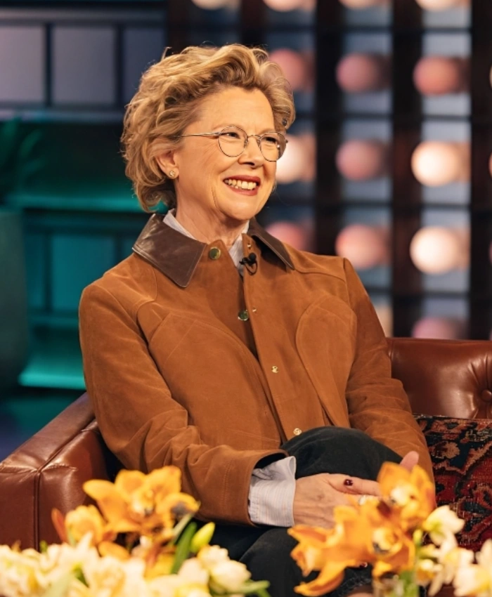 The Kelly Clarkson Show 2026 Annette Bening Cropped Suede Brown Jacket