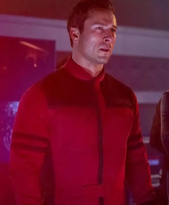 Alternative view of The Running Man 2025 Glen Powell Red Jacket